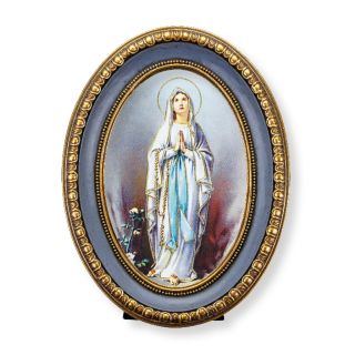 5 1/2" x 7 1/2" Oval Gold-Leaf Frame with a Our Lady of Lourdes Print-P65