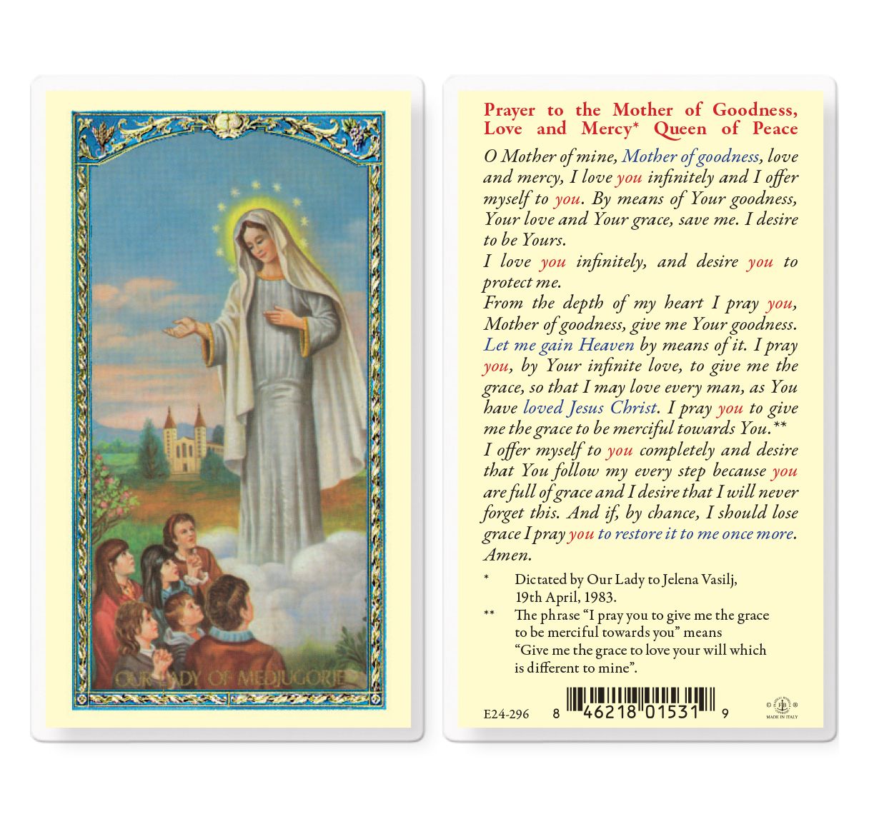Prayer to Our Lady of Medjugorje Holy Card