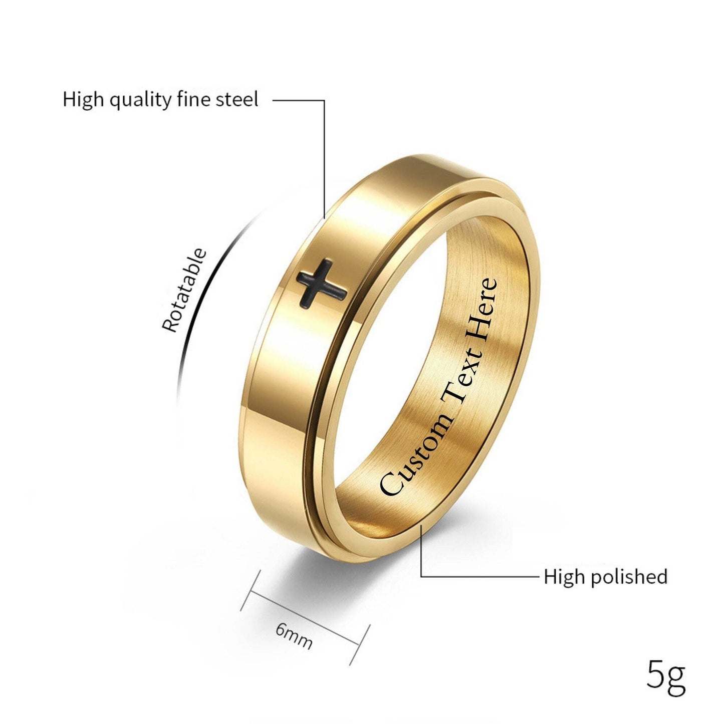 Black Stainless 6mm Cross Spinner Ring