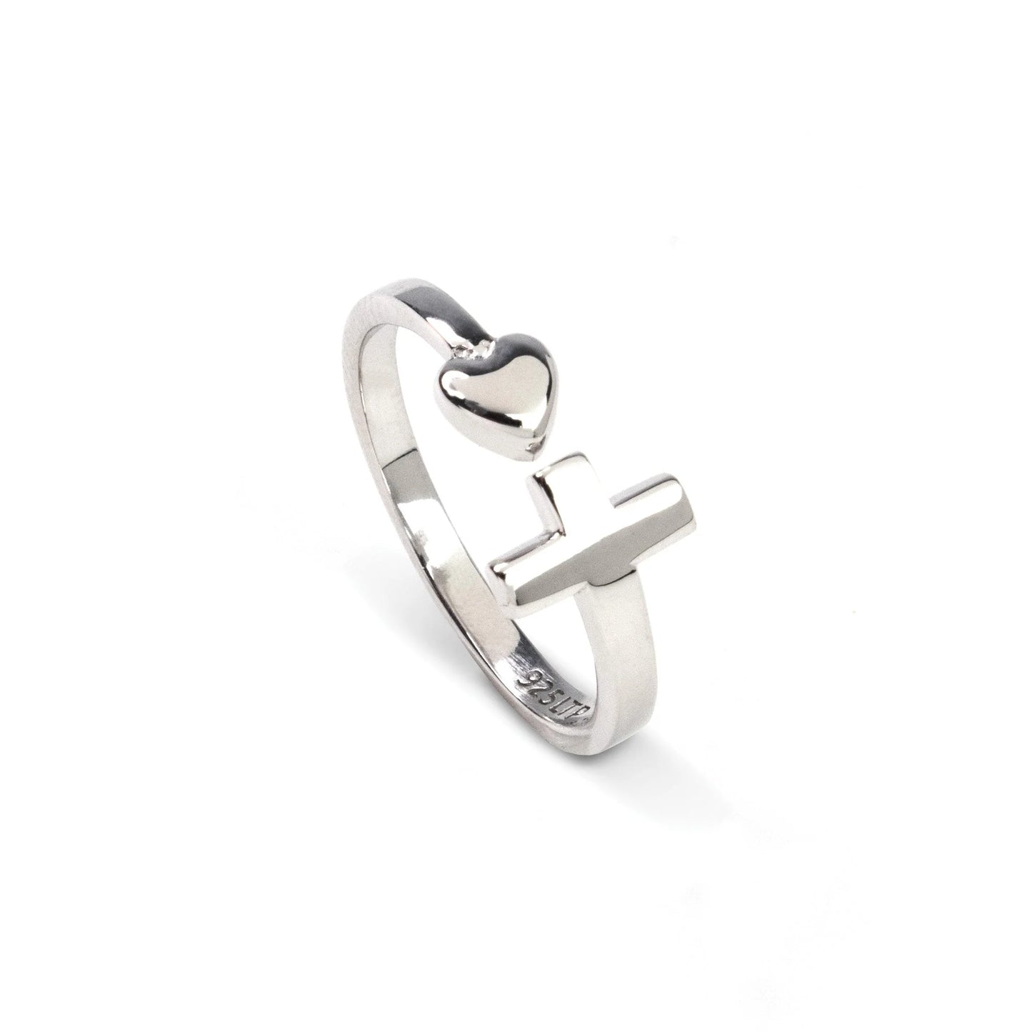 Simple Cross with Heart Ring - size 6, adjustable