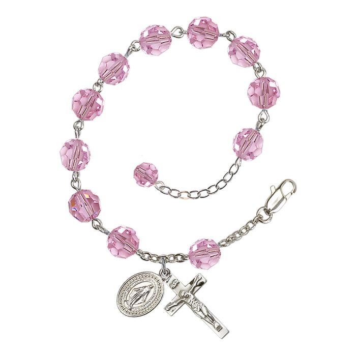 Silver Plated 8mm Light Rose Rosary Bracelet
