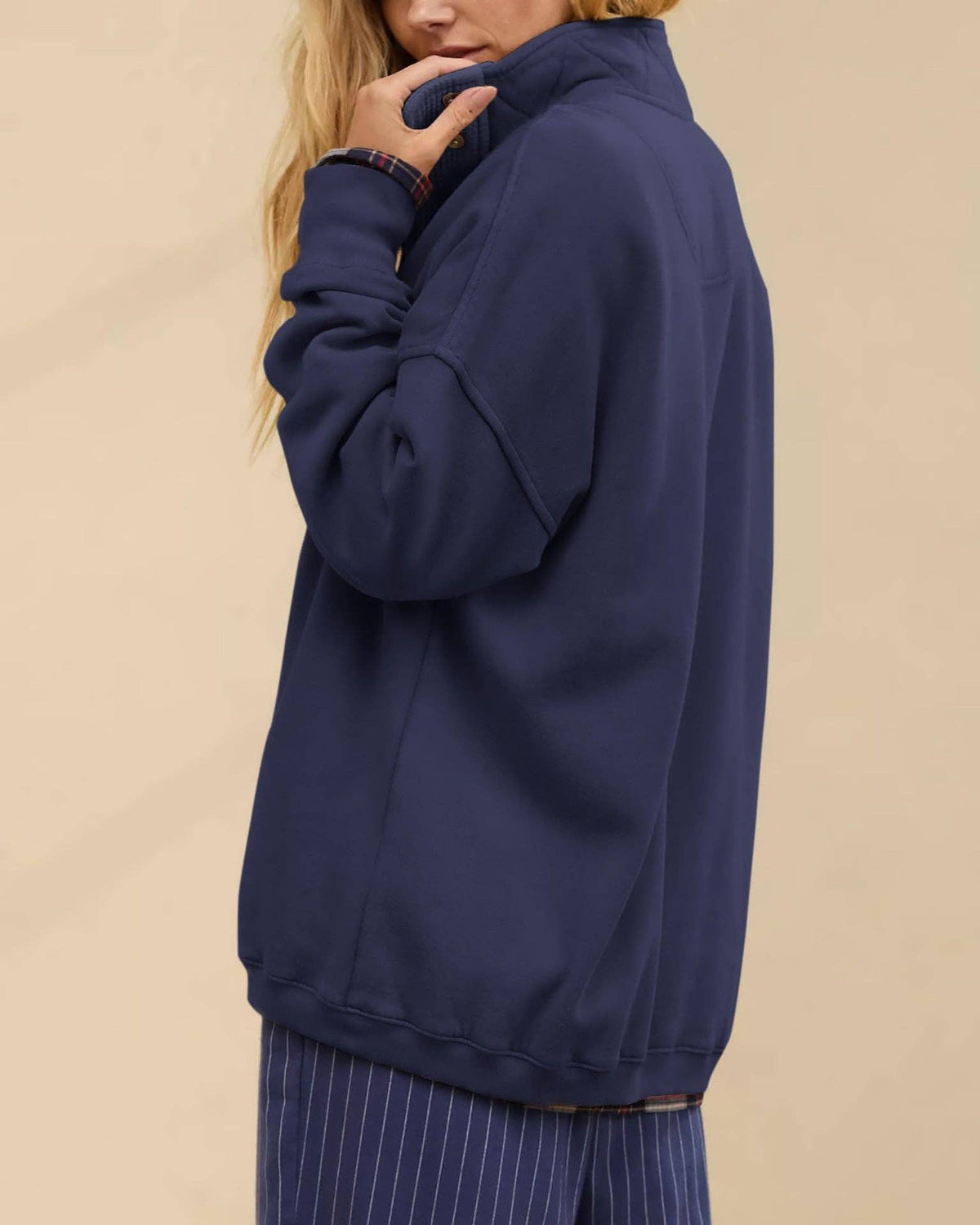 Solid Fleece Sweatshirt Casual Oversized Snap Collar