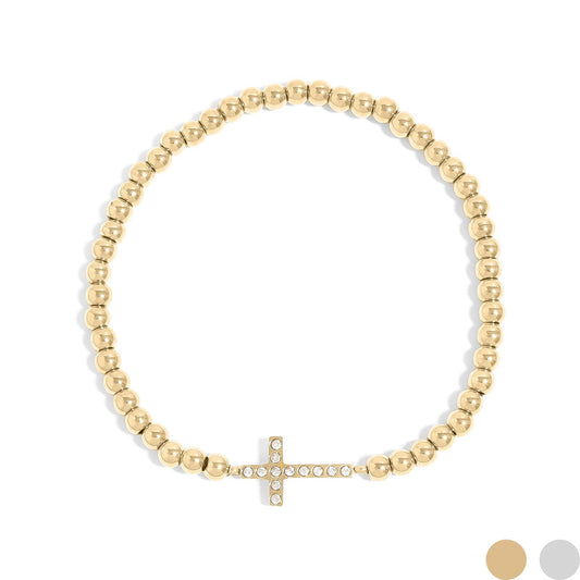 18K Gold PVD CZ Cross Beaded Stretch Bracelet