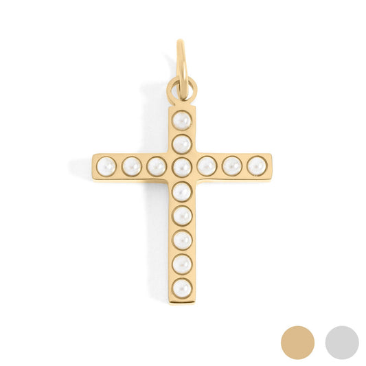 18K Gold PVD Stainless Steel Pearl Beaded Cross Charm