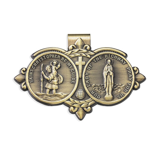 Saint Christopher and Our Lady of the Highway Auto Visor Clip in Brass