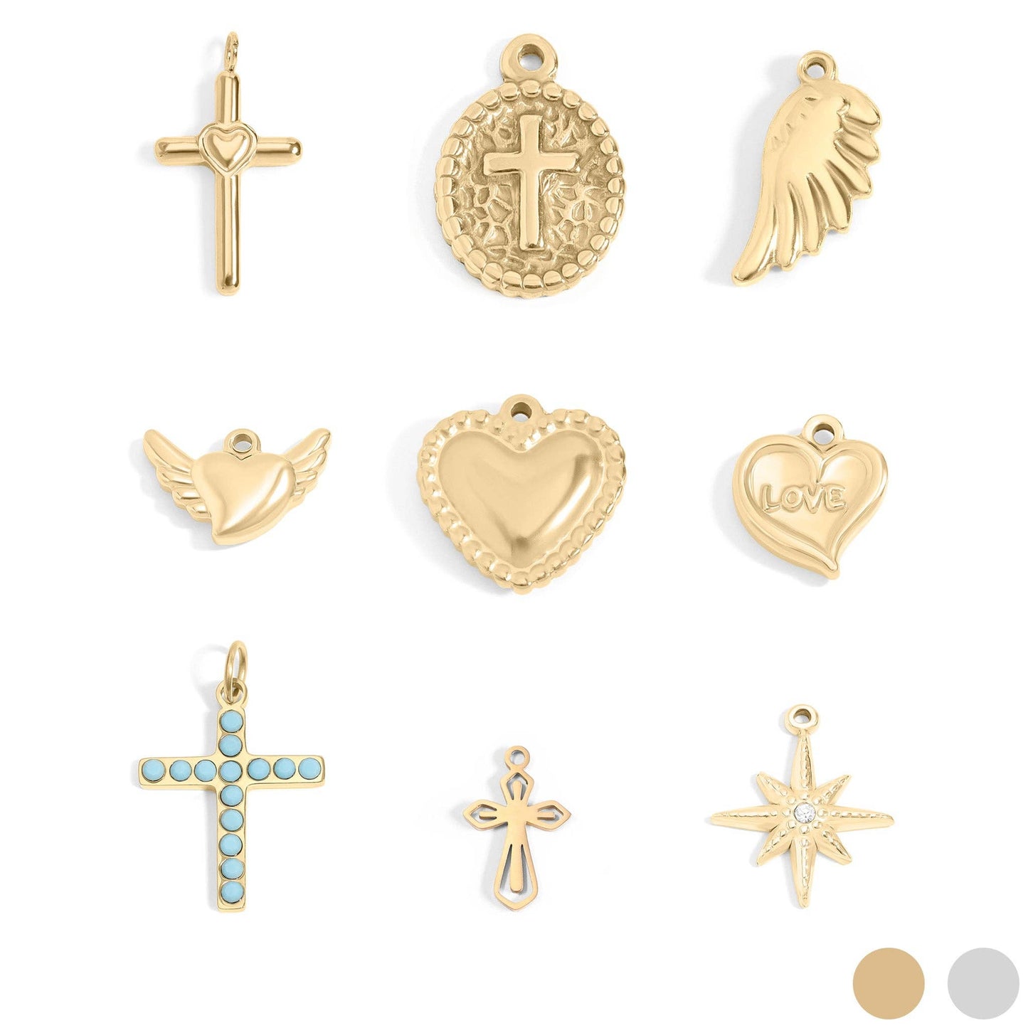 (9pc) 18K Gold PVD Stainless Steel Faith & Love Charm Set