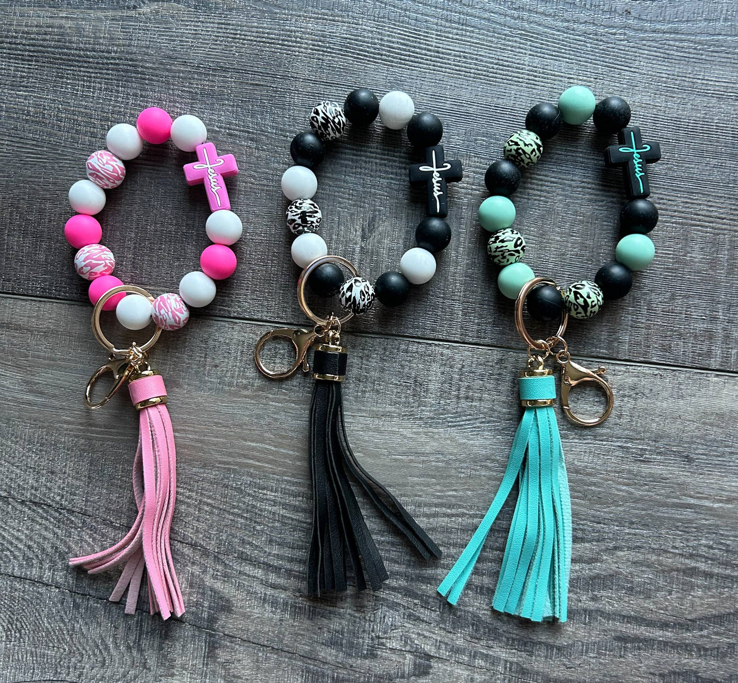 Jesus Cross Silicone Bead Wristlet Keychain