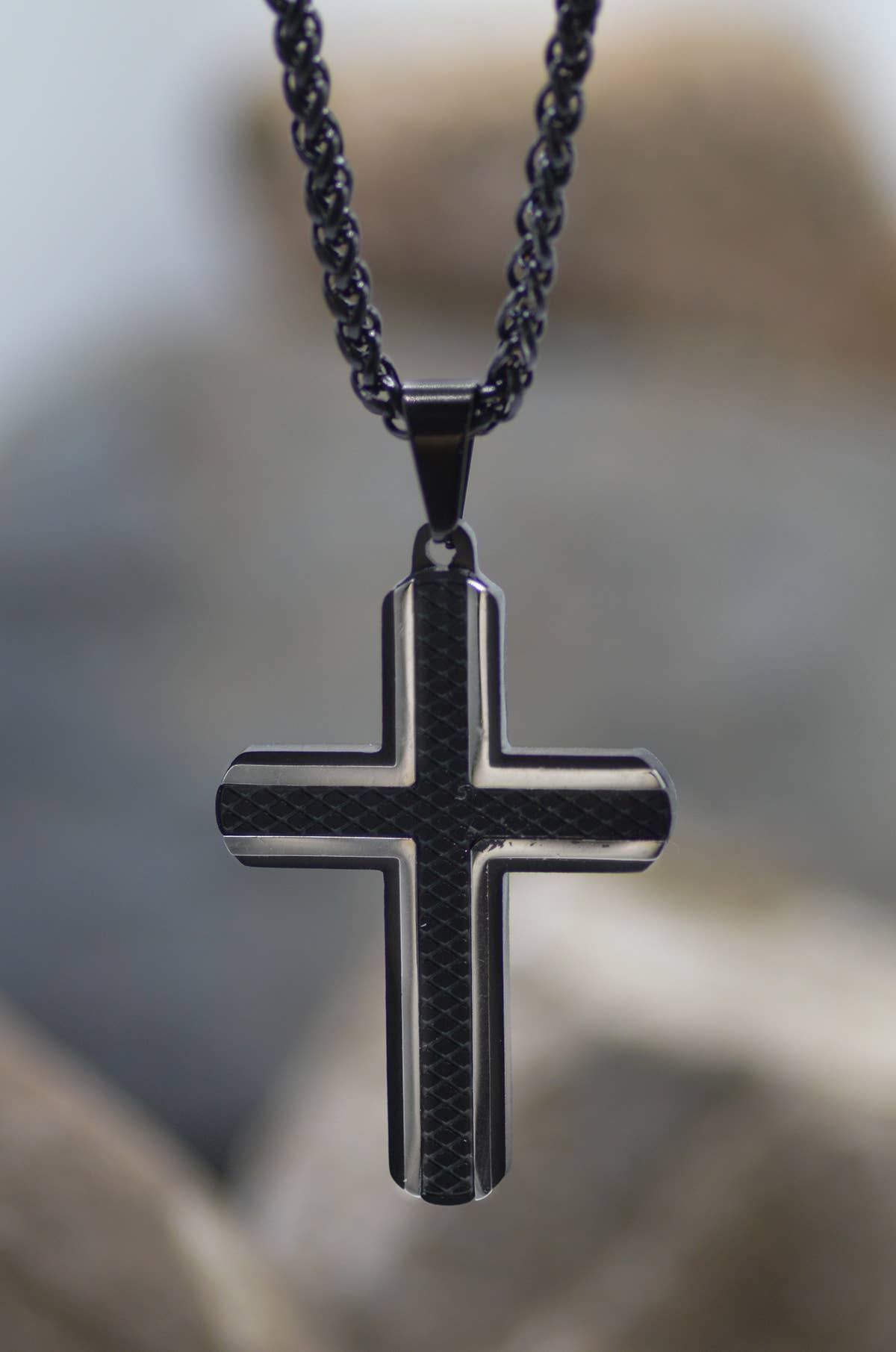 Black Textured Stainless Cross Necklace