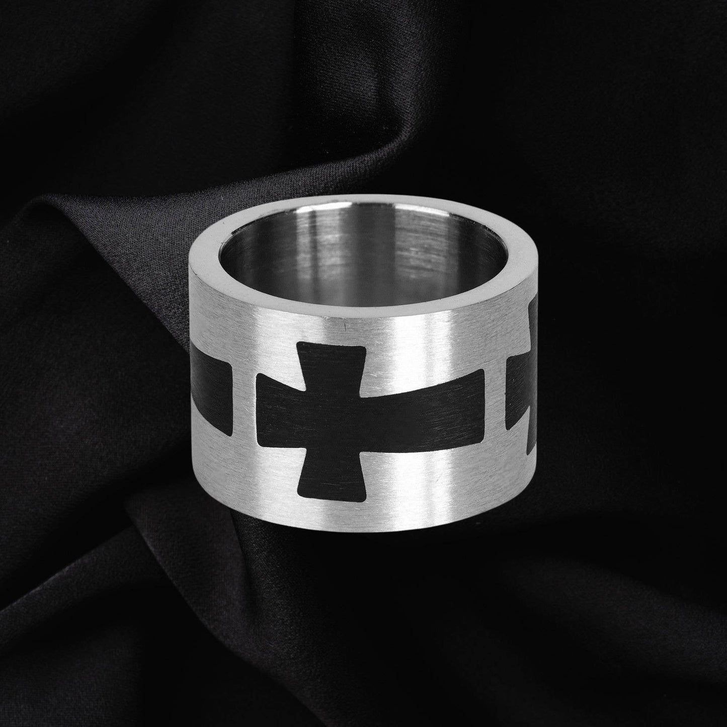 Stainless Black Horizontal Cross Ring  Size 9