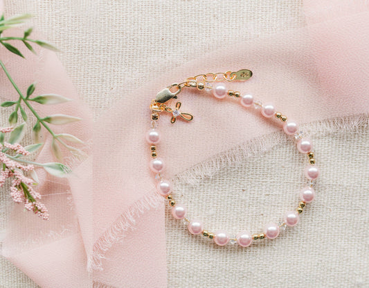 14K Gold-Plated Pink Pearl Cross Bracelet