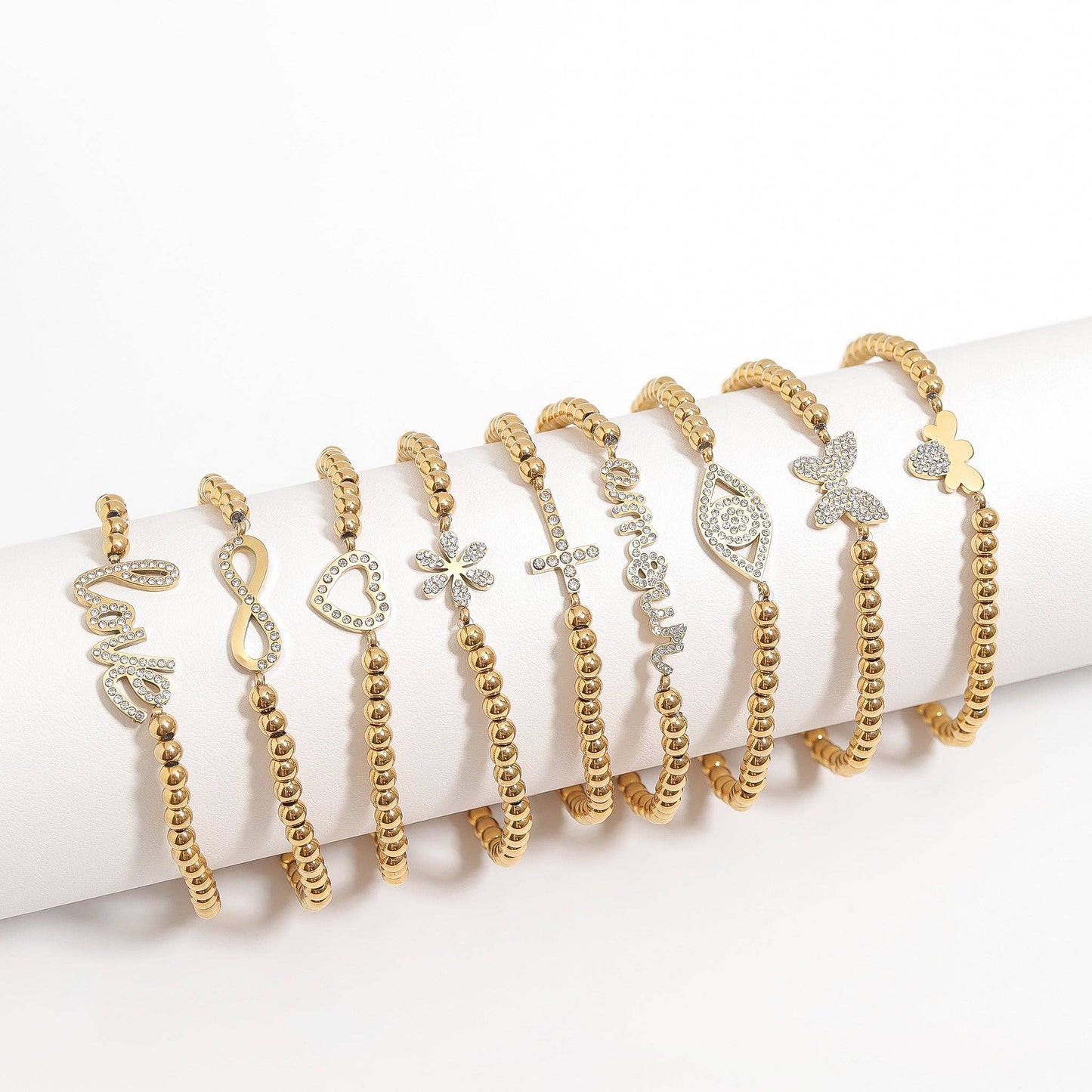 18K Gold PVD CZ Cross Beaded Stretch Bracelet