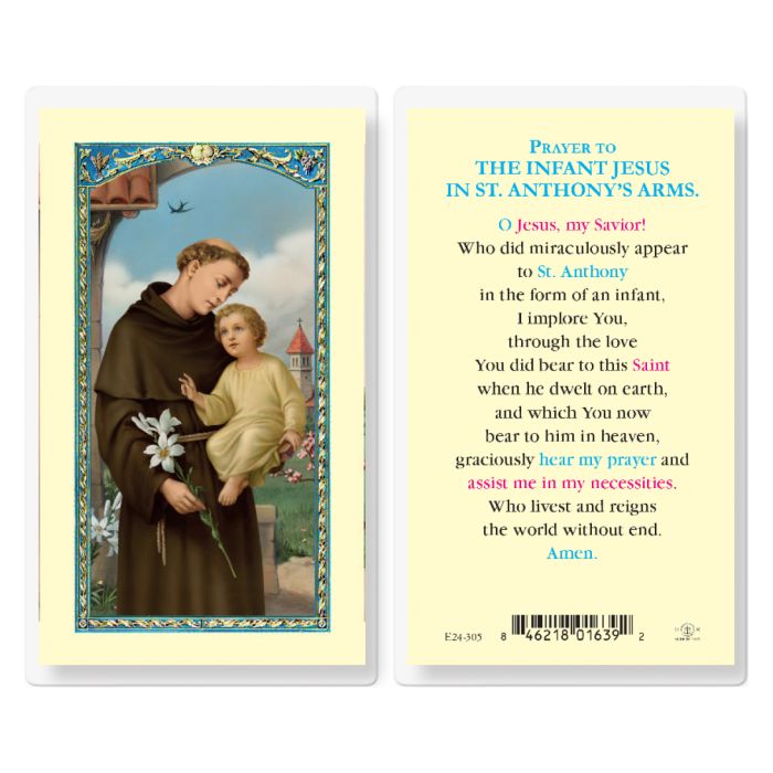 St. Anthony Laminated Prayer Card:  Prayer to Infant Jesus in St. Anthony's Arms