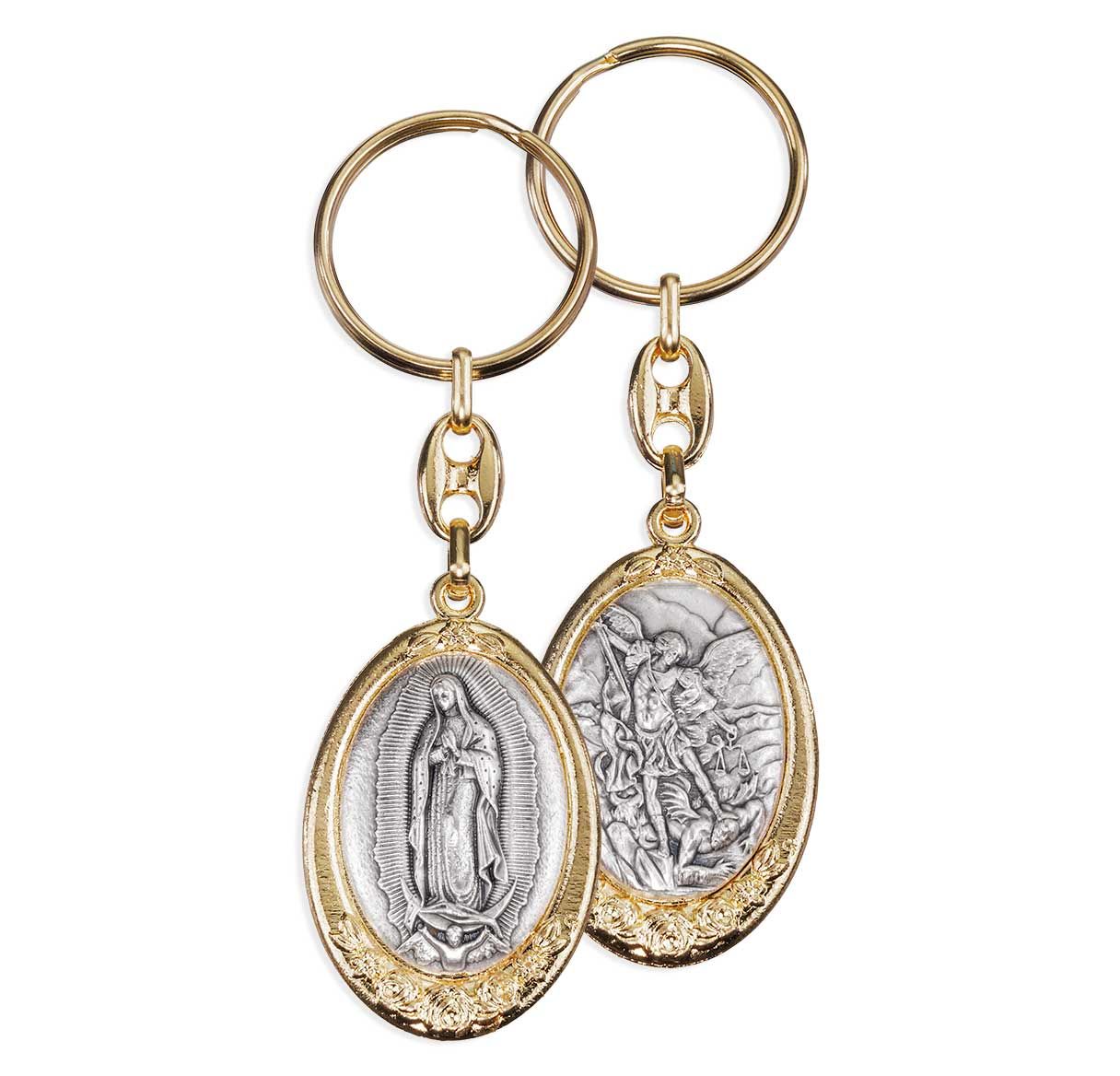 Silver Oxidized Keychain set in Gold Plated Flowered Frame with O.L. of Guadalupe and St. Michael