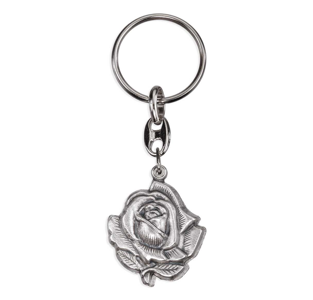 Silver Oxidized Double Rosebud Keychain with Divine Mercy and O.L. of Guadalupe