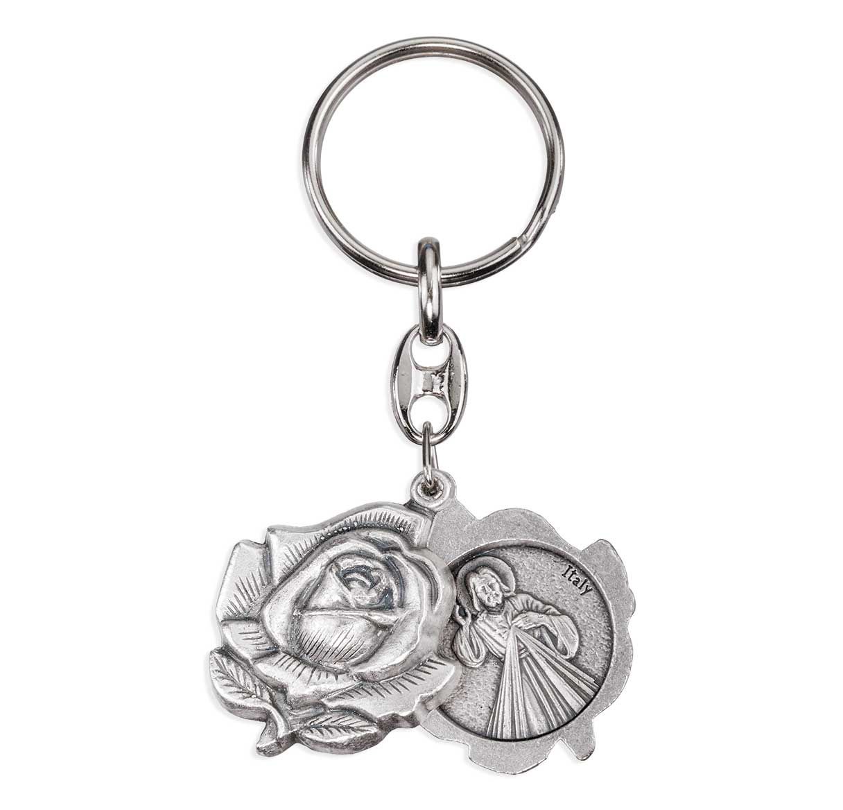 Silver Oxidized Double Rosebud Keychain with Divine Mercy and O.L. of Guadalupe