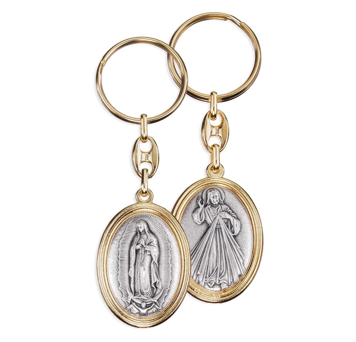 Silver Oxidized Keychain set in Gold Plated Flowered Frame with O.L. of Guadalupe and Divine Mercy