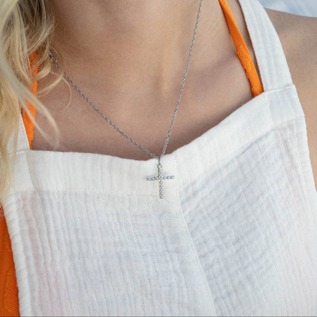 18K Gold PVD Stainless Steel Pearl Beaded Cross Charm