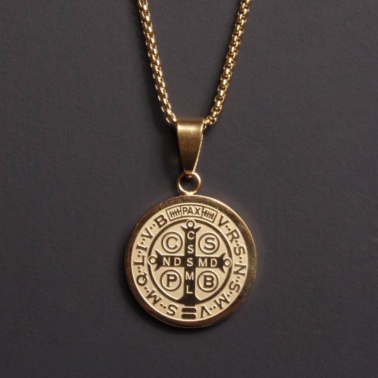 GOLD PLATED ST. BENEDICT MEDAL MEN'S NECKLACE (LARGE)