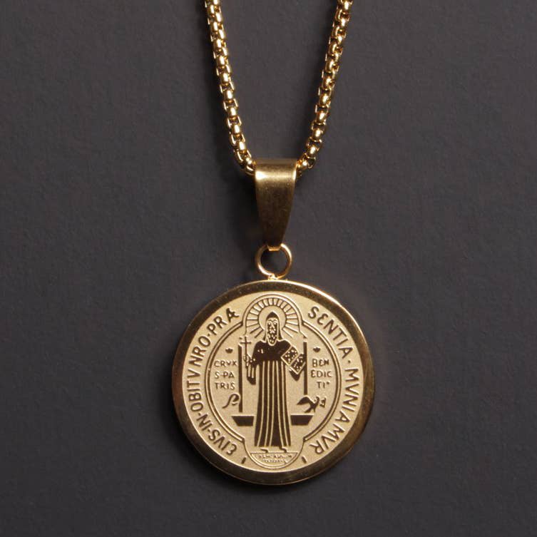 GOLD PLATED ST. BENEDICT MEDAL MEN'S NECKLACE (LARGE)