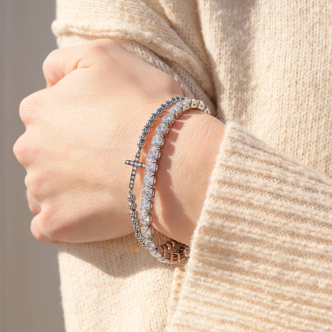 18K Gold PVD CZ Cross Beaded Stretch Bracelet