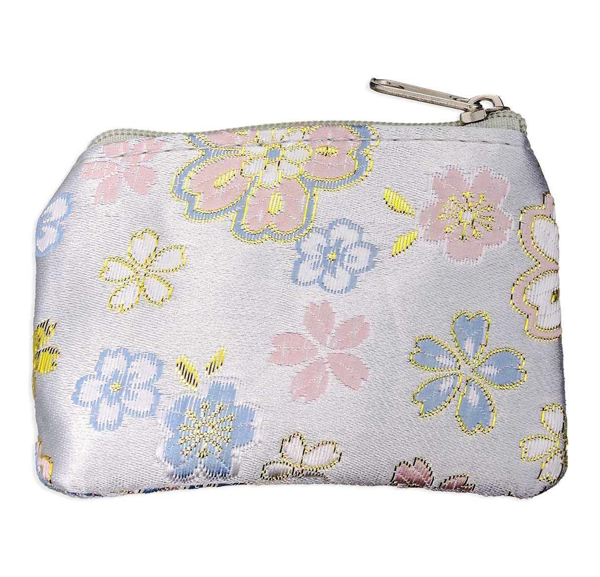 Tapestry Fabric Rosary Pouch with Gold Flowers and Zipper Opening .