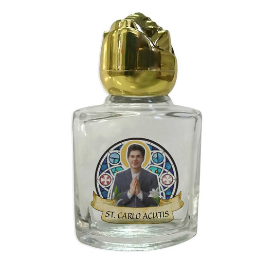 8 ml. 2" Glass St. Carlo Acutis Holy Water Bottle with Gold Rose Cap