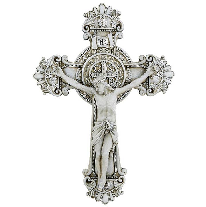 Stone Crucifix, St. Benedict 10.75"
