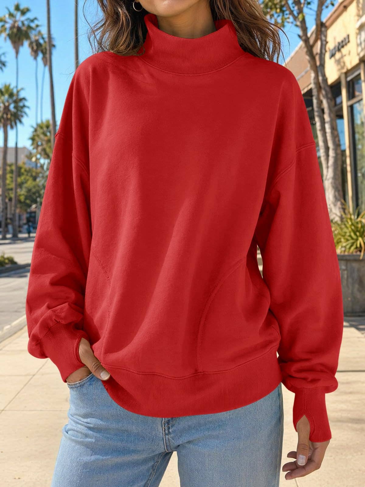 Mock Neck Oversized Womens Sweatshirt Solid Pullover Top