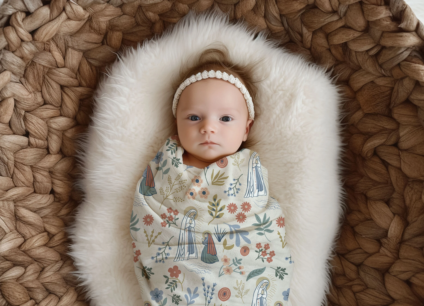 Our Lady of Lourdes and St. Bernadette Muslin Beige Swaddle