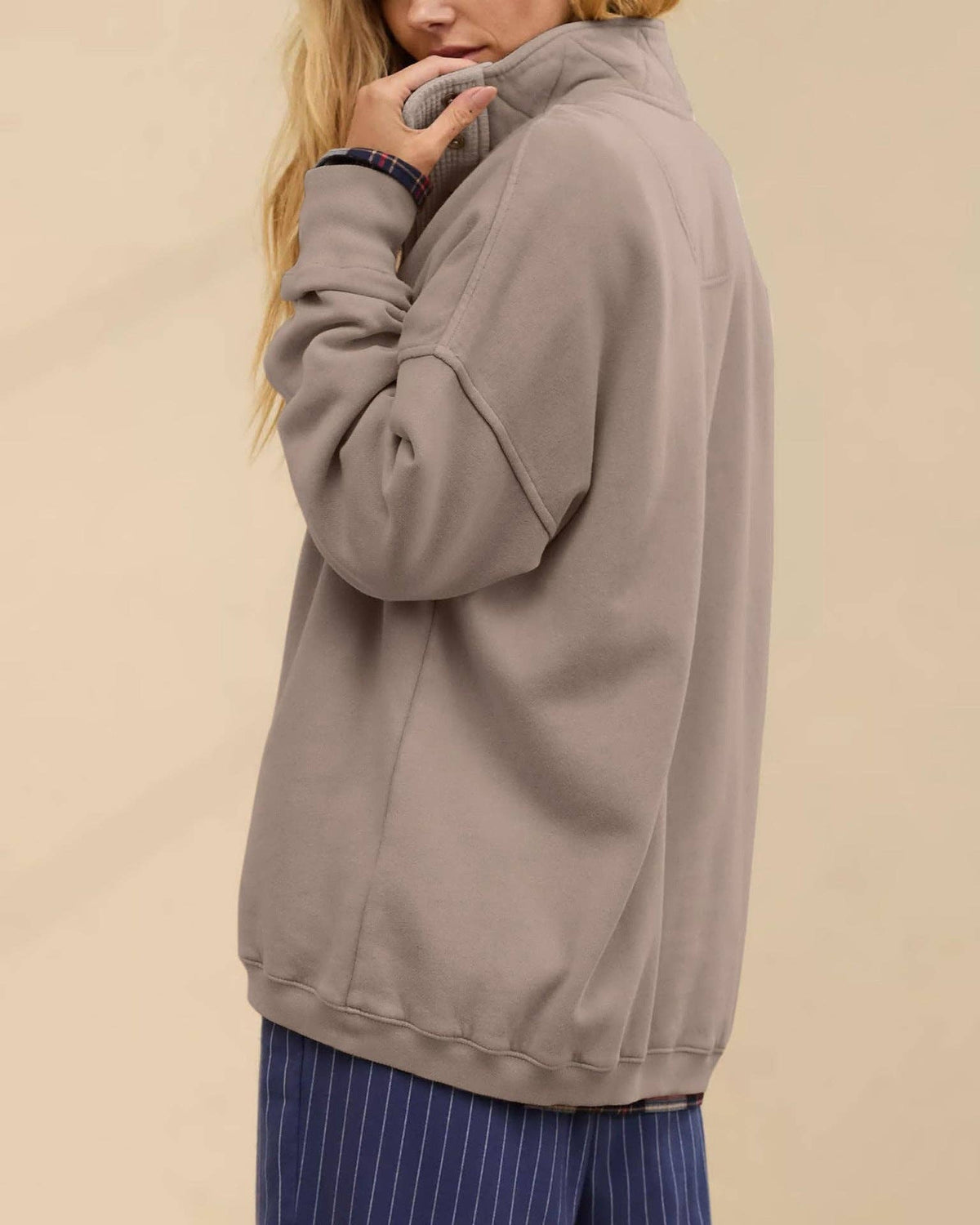 Solid Fleece Sweatshirt Casual Oversized Snap Collar