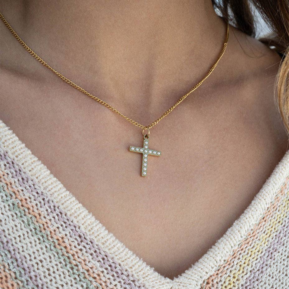 18K Gold PVD Stainless Steel Pearl Beaded Cross Charm
