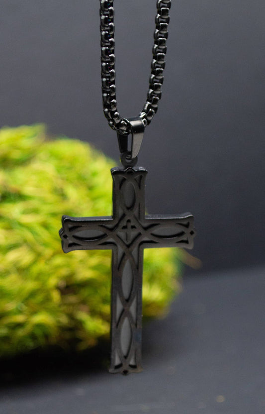 Cross Inlay Black Stainless Steel Necklace