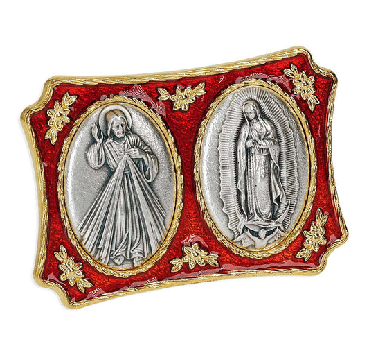 2 1/2" x 1 3/4" Divine Mercy and O.L. of Guadalupe Standing Plaque with Ruby Red Epoxy