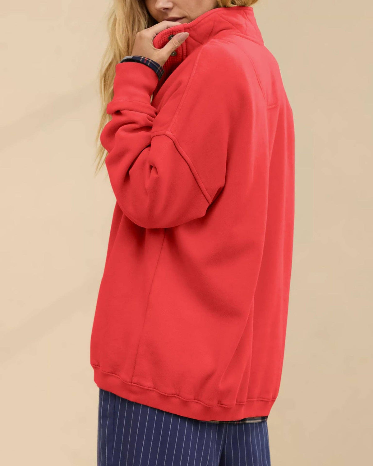 Solid Fleece Sweatshirt Casual Oversized Snap Collar