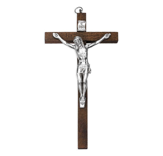Traditional Brown Wood Crucifix with Metal Corpus 5" Tall