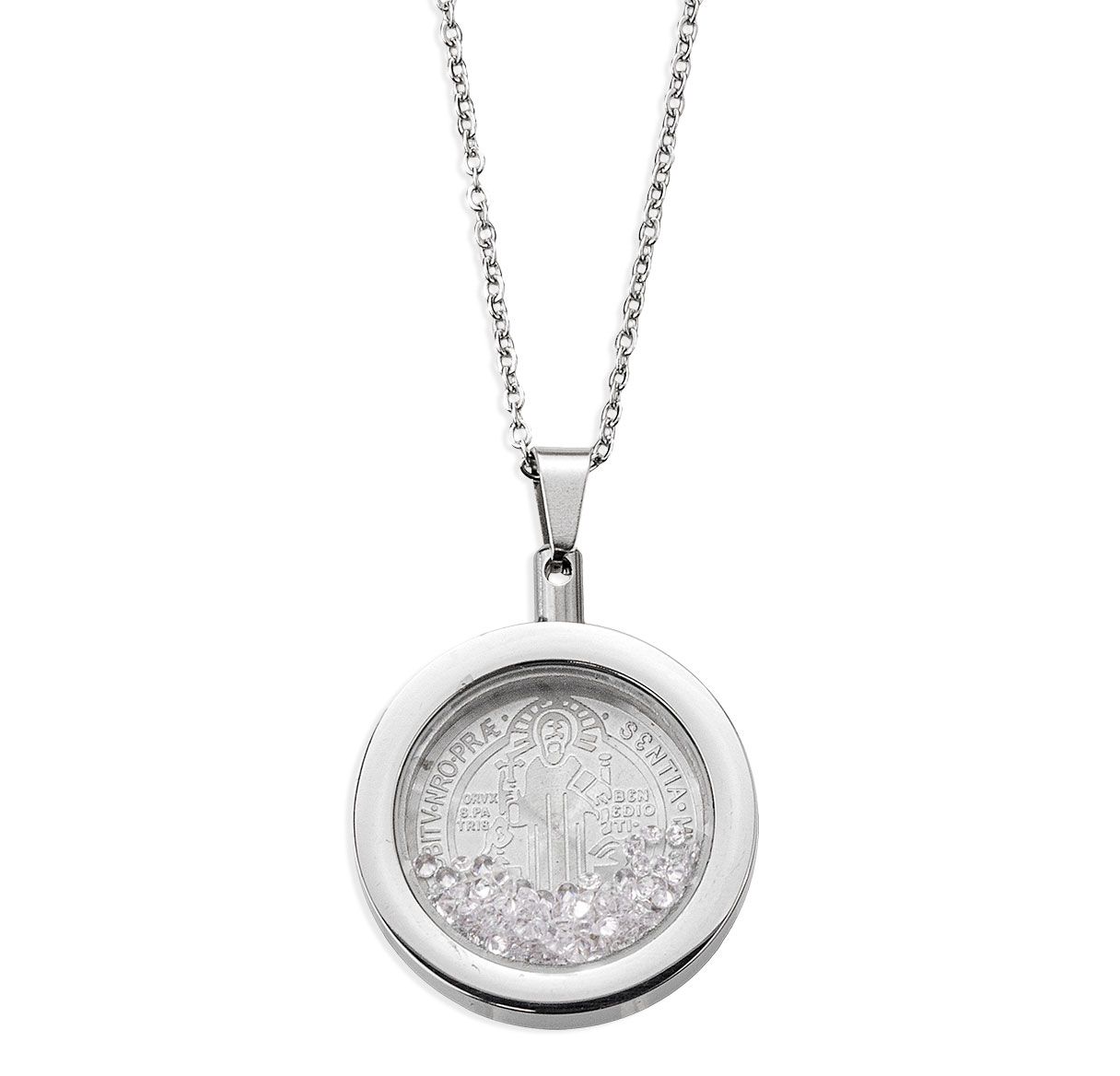 Silver Stainless Steel Saint Benedict Medal with Floating Crystals Necklace