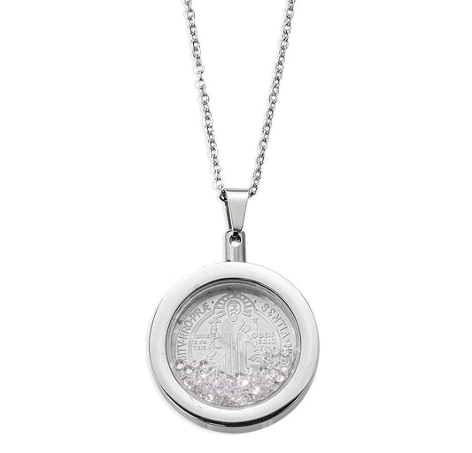 Silver Stainless Steel Saint Benedict Medal with Floating Crystals Necklace