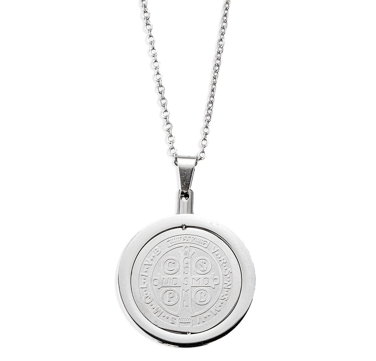 Silver Stainless Steel Saint Benedict Medal with Floating Crystals Necklace