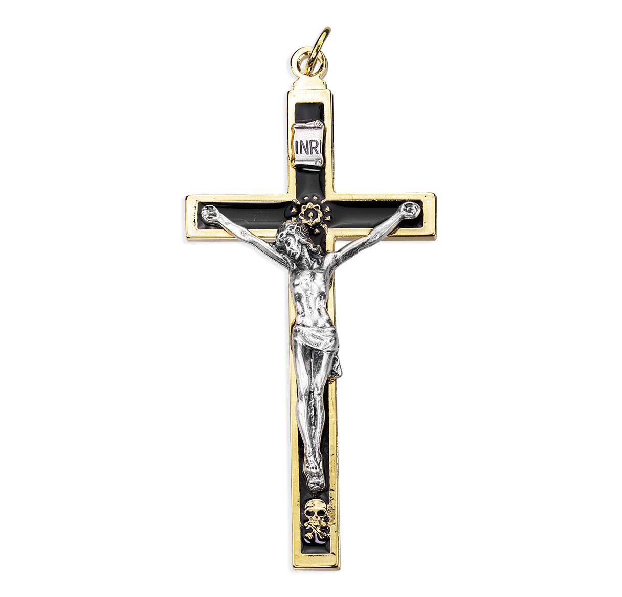 4.5 inch Funeral Crucifix with Skull and Crossbones in Nickel and Gold