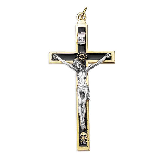 4.5 inch Funeral Crucifix with Skull and Crossbones in Nickel and Gold