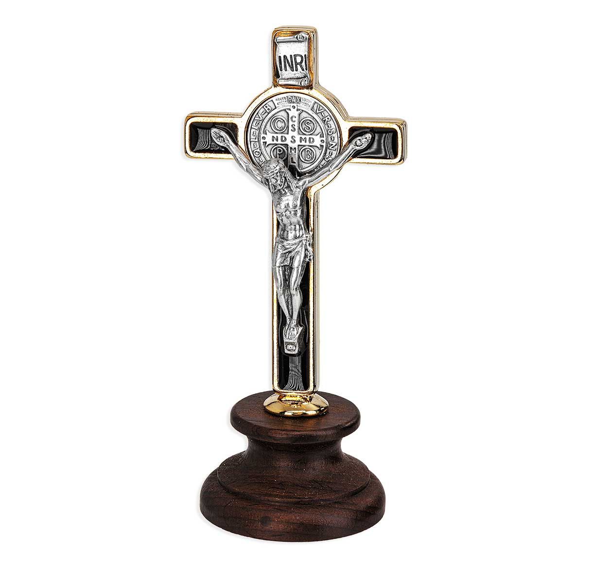 3.5 inch St. Benedict Gold and Nikel Standing Cross with Wood Base