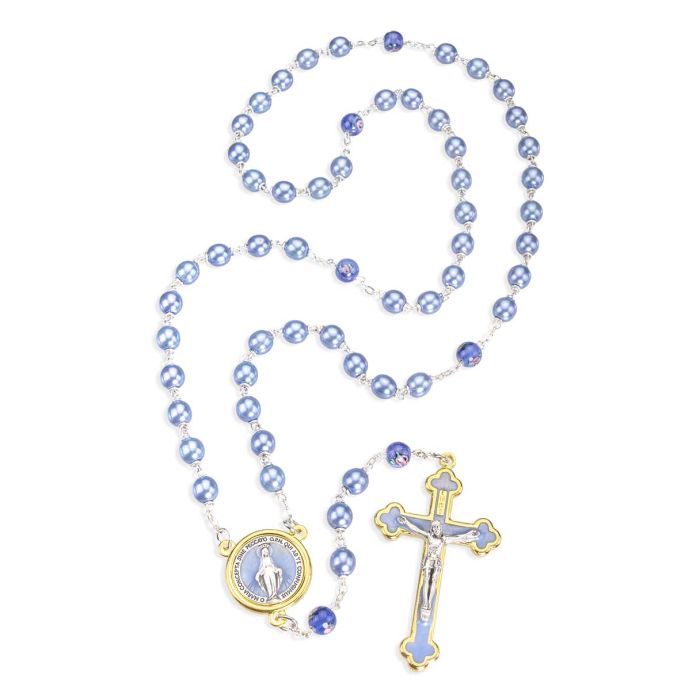 Light Blue Pearl Rosary with Gold Rimmed Miraculous Medal
