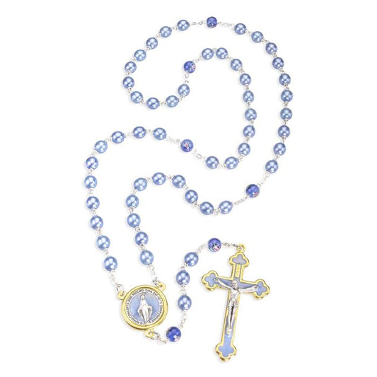 Light Blue Pearl Rosary with Gold Rimmed Miraculous Medal