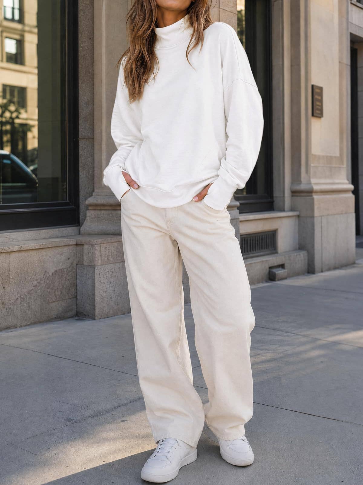 Mock Neck Oversized Womens Sweatshirt Solid Pullover Top