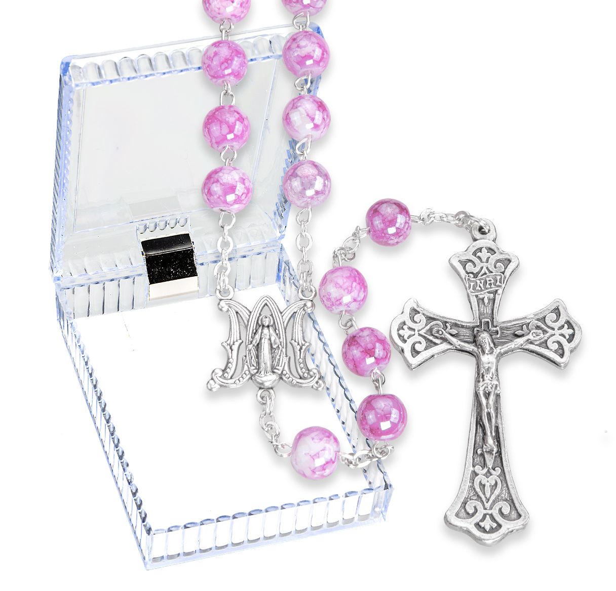 8mm Marbleized Glass Bead Rosary, Boxed