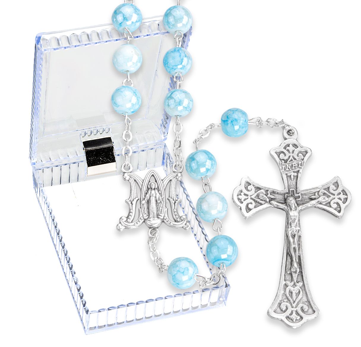 8mm Marbleized Glass Bead Rosary, Boxed