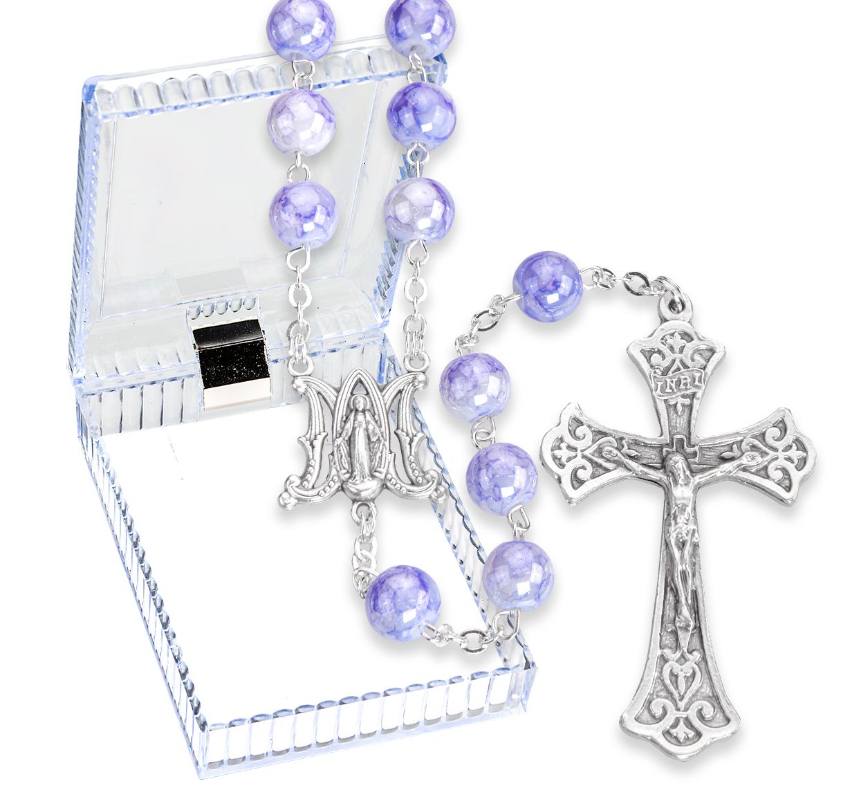 8mm Marbleized Glass Bead Rosary, Boxed