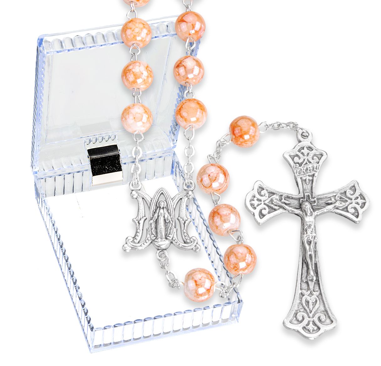 8mm Marbleized Glass Bead Rosary, Boxed