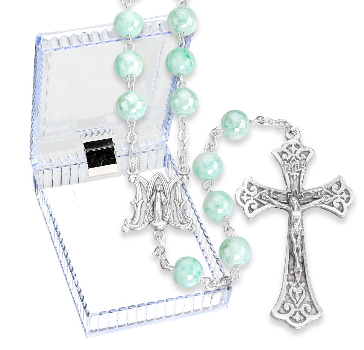 8mm Marbleized Glass Bead Rosary, Boxed