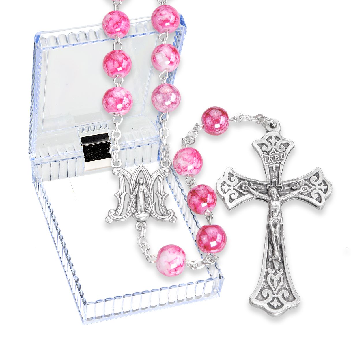 8mm Marbleized Glass Bead Rosary, Boxed